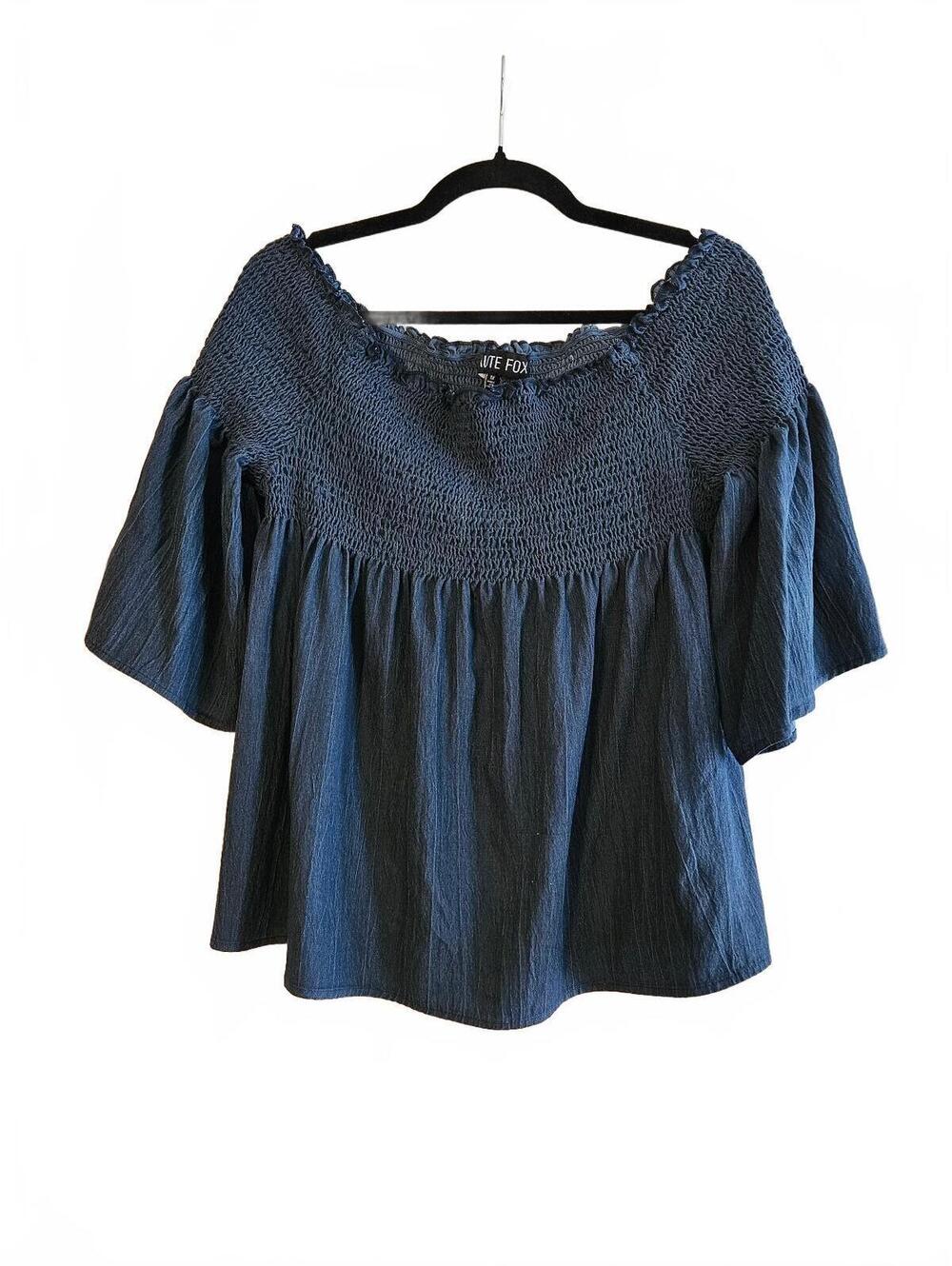 Haute Fox Navy Blue Chambray Smocked Off-Shoulder Neckline Top-Women's Size 1X
